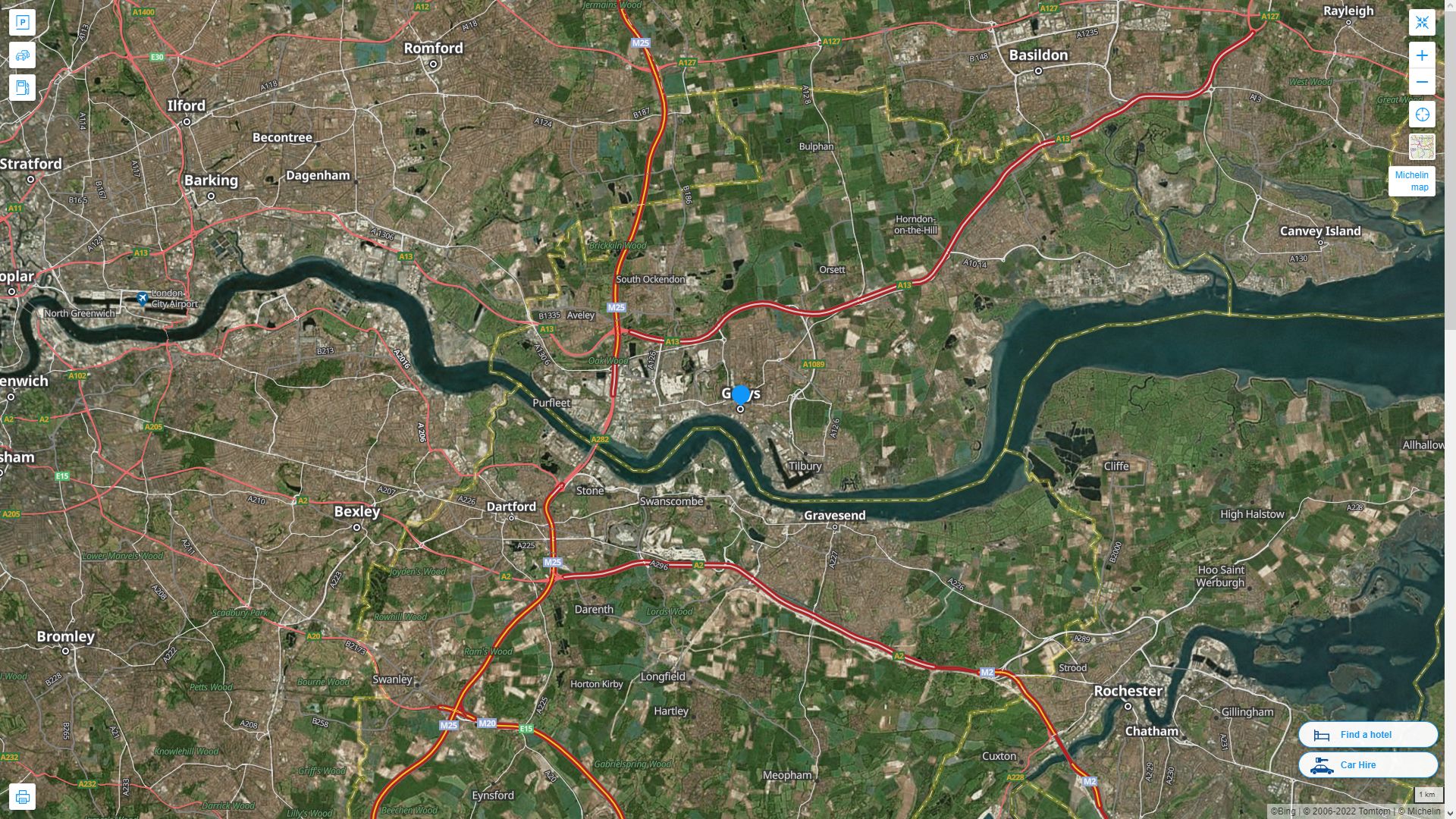 Grays Royaume Uni Autoroute et carte routiere avec vue satellite